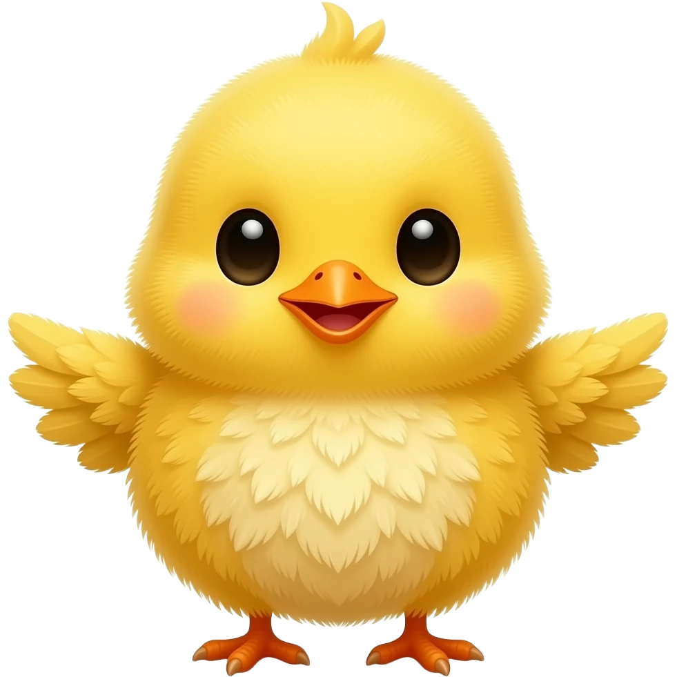 Cute yellow chick emoji, tiny round body, fluffy feathers, small orange beak, sparkling black eyes, cheerful expression, little wings spread out, adorable cartoon look, soft lighting, white background, high quality emoji