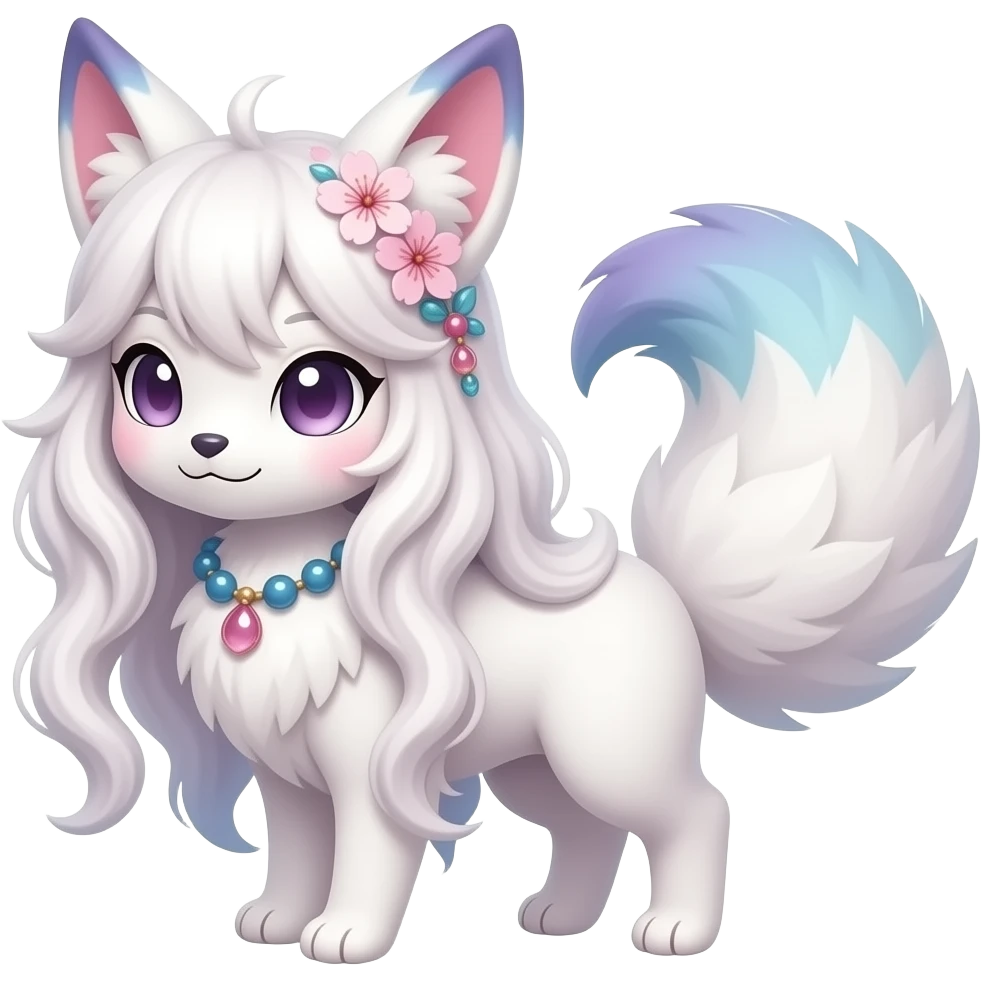 White kawaii realistic sakura floral Fuzzy slim oriental feathery long-haired beaded mane cozy rosy aesthetic feathery Rosy beautiful Sylveon-Furret-Fennekin-Minccino-Espeon-Fakémon-hybrid emoji