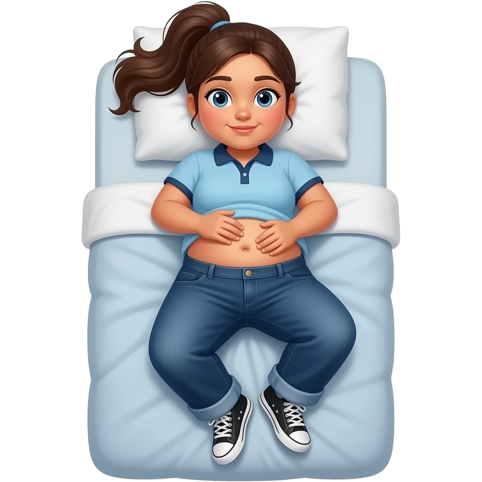 Obese Hispanic girl with brown ponytail and blue eyes light blue dark blue lined polo and dark blue baggy jeans and belly button and black and white sneakers laying down on the pillow in bed rubbing her tummy emoji