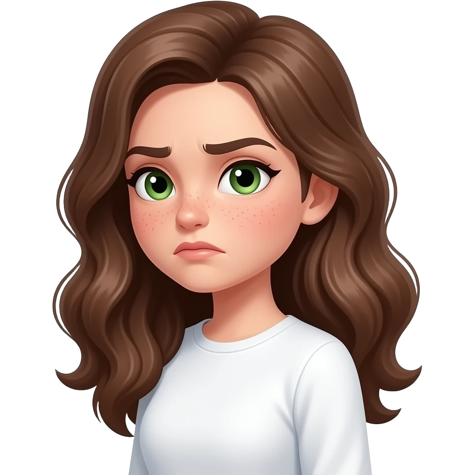strong side view strong face expression very visible judgmental, cartoonish, caricatured, grotesque, suspicious side-eye meme even little disgusted by Brown wavy long haired with green eyes eyebrows raised cute face with freckles pretty girl in cute  white top with long sleeve emoji