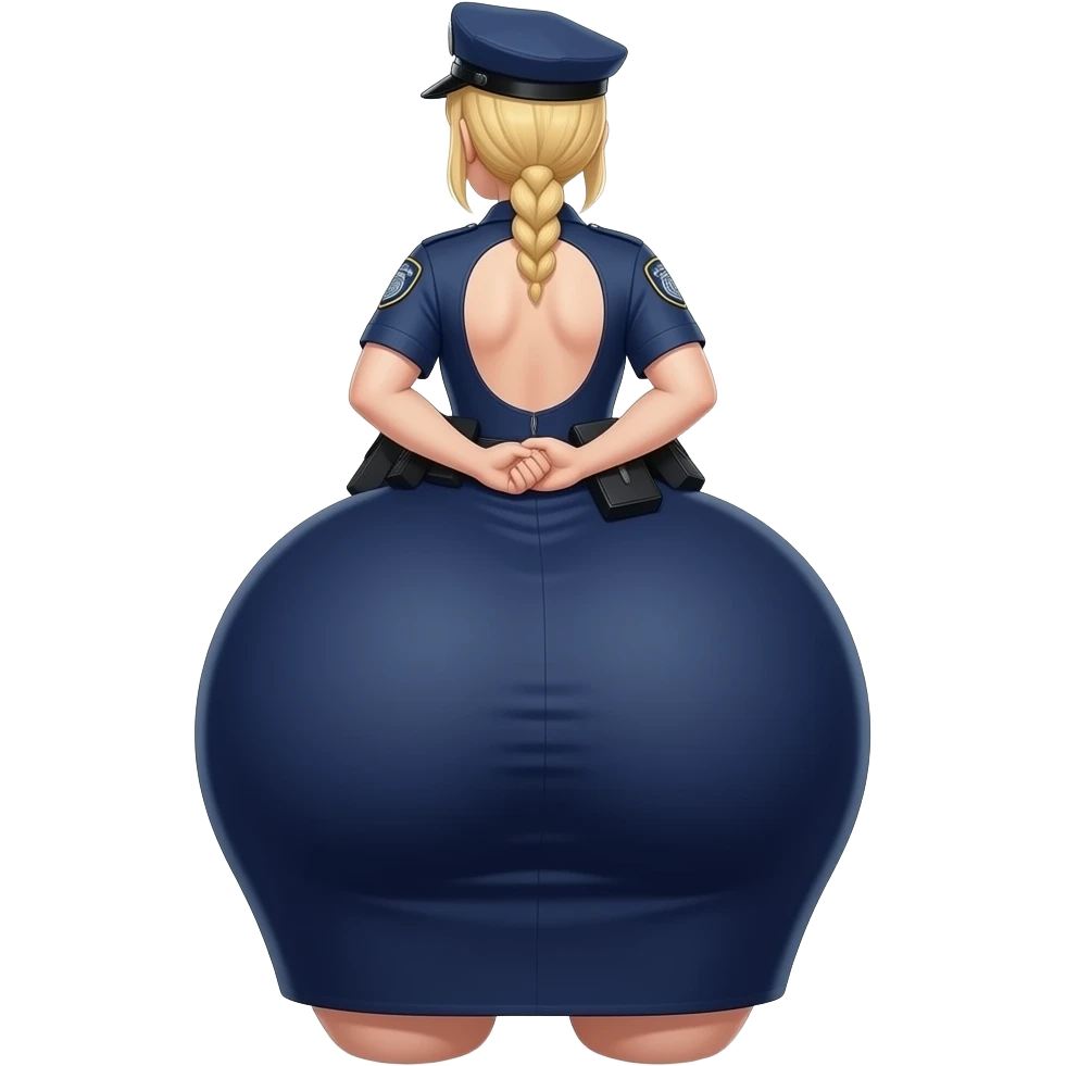 Anime extremely fat big booty a white female creature cosplaying police woman showing back her buttocks with putting her hands behind the wall with her long fabric dark blue dress and her hand squeezing her right buttock emoji