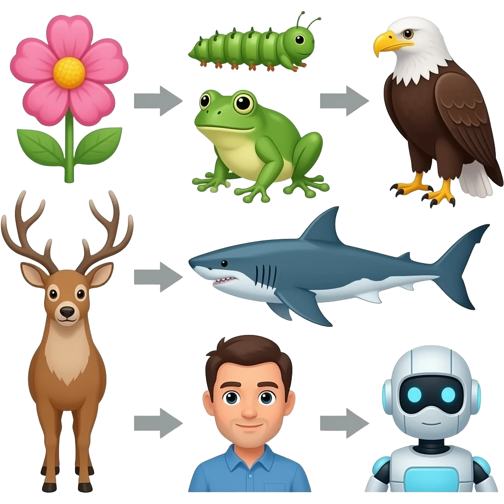 Food chain 🌷🐛🐸🦅🦌🦈👨🤖 emoji