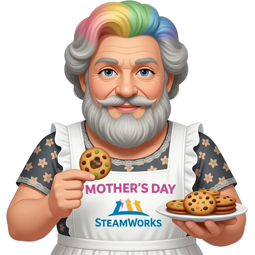 Poster "SteamWorks, celebrates Mothers Day with freshly baked cookie scent in all stalls." In a gay male drag queen as a bearded mother in a homely dress  theme. emoji