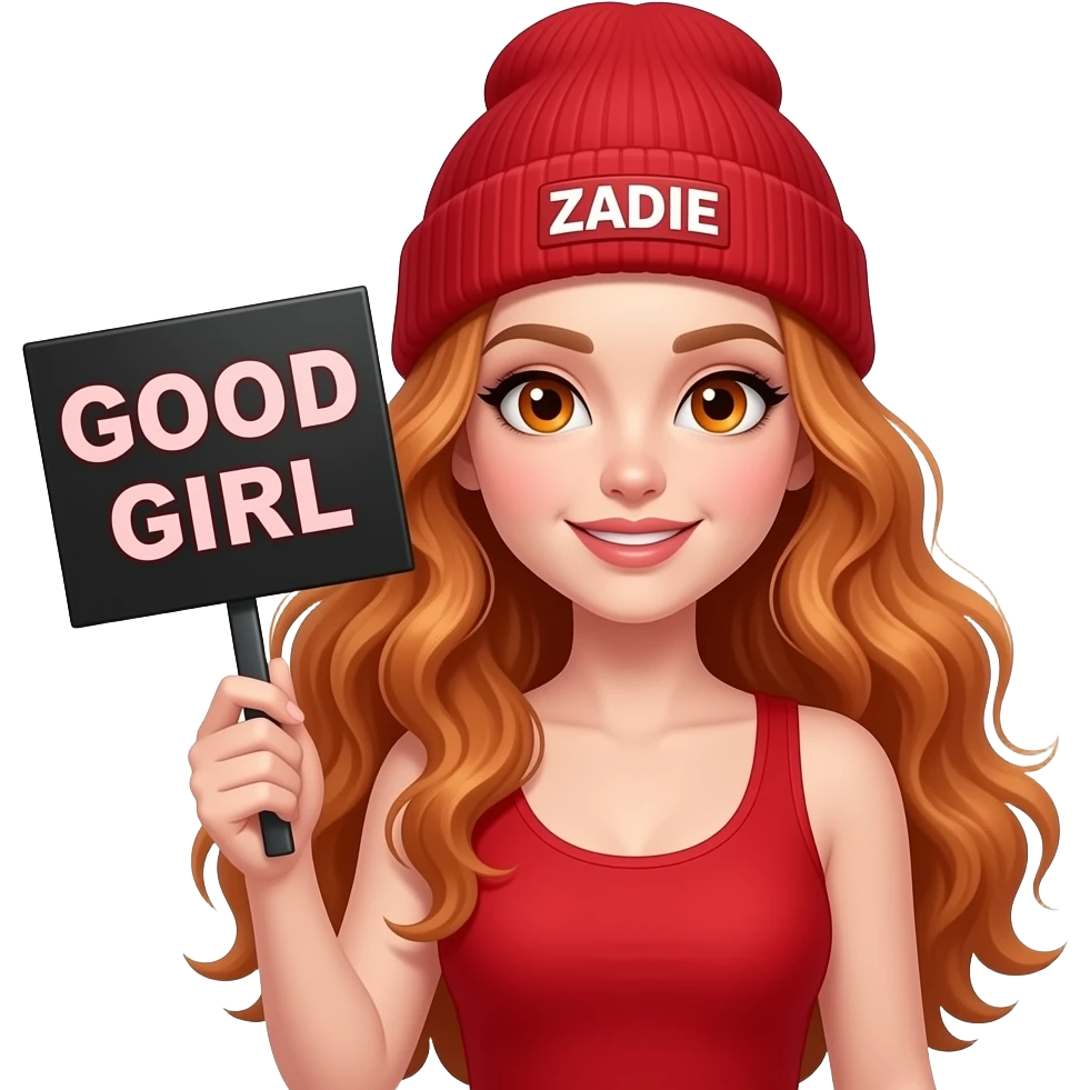 sexy girl with overlong wavy ginger hair and ginger eyes wearing a red tanktop and a red beanie with ZADIE written on it, is holding a black sign with GOOD GIRL written on it emoji