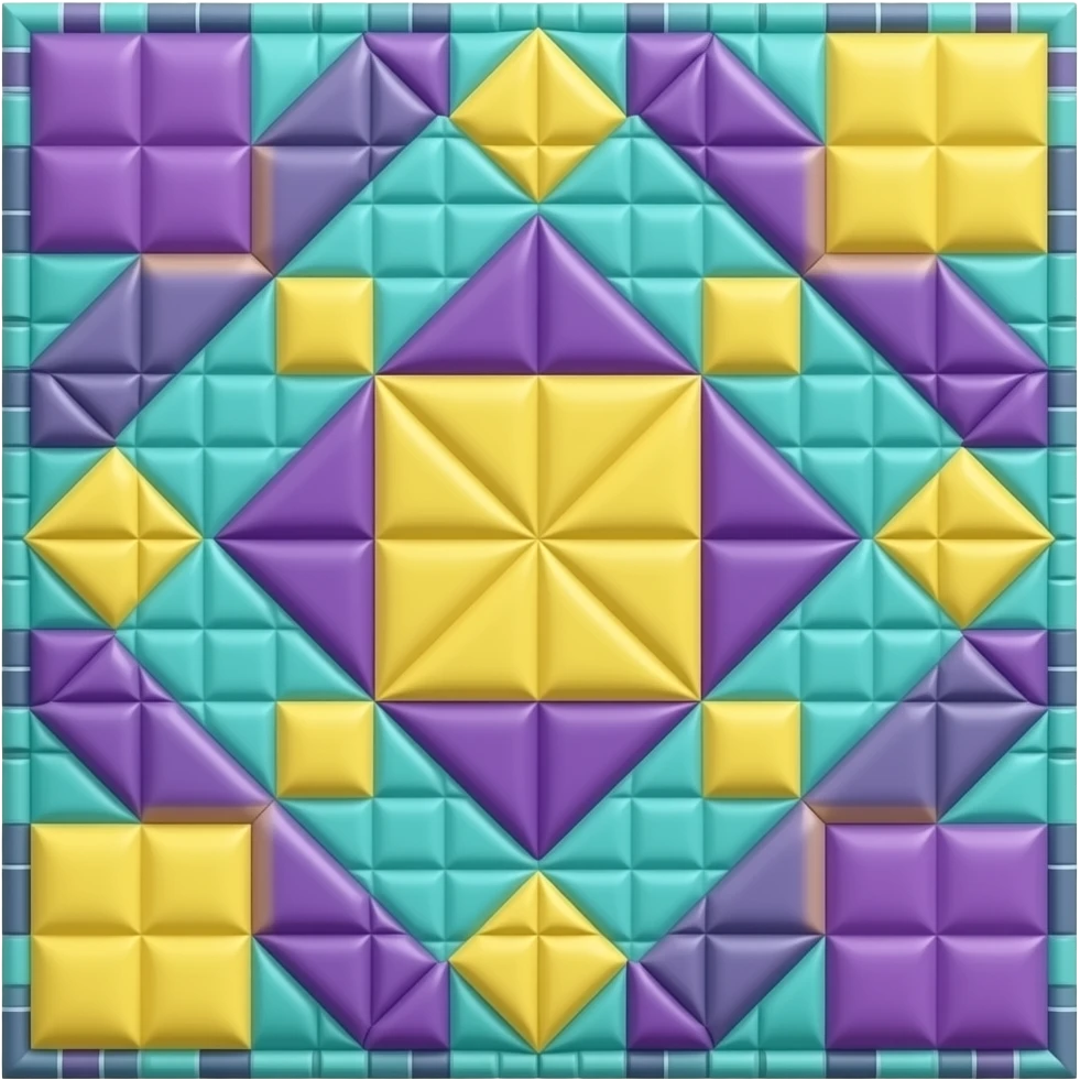 Mostly teal colour patch quilt with purple and yellow emoji