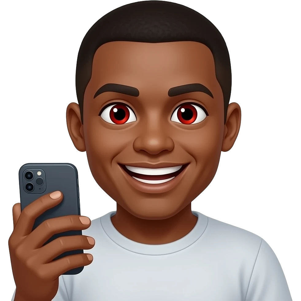 default yellow emoji holding a phone in front of him smiling with teeth and red eyes emoji