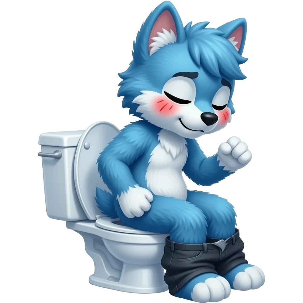 blue fursuit sitting on toilet, side view , pants down, pushing, eyes closed, straining and red  face emoji