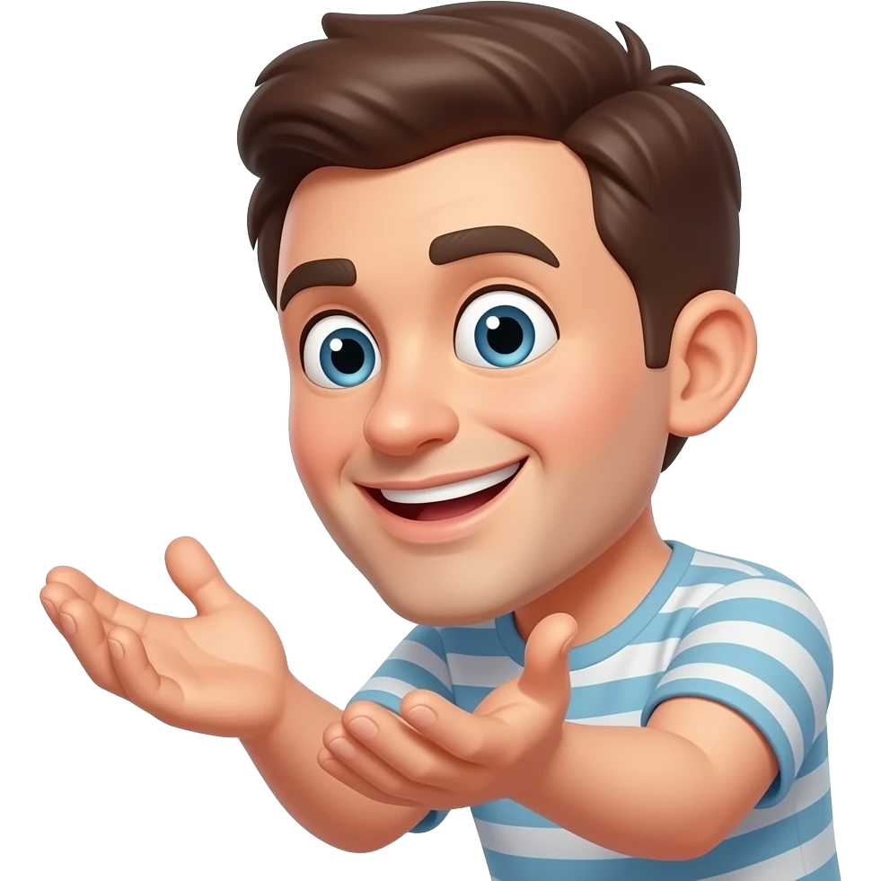una persona con cara de tonto recibiendo con las manos abiertas, perspectiva de costado isquierdo emoji