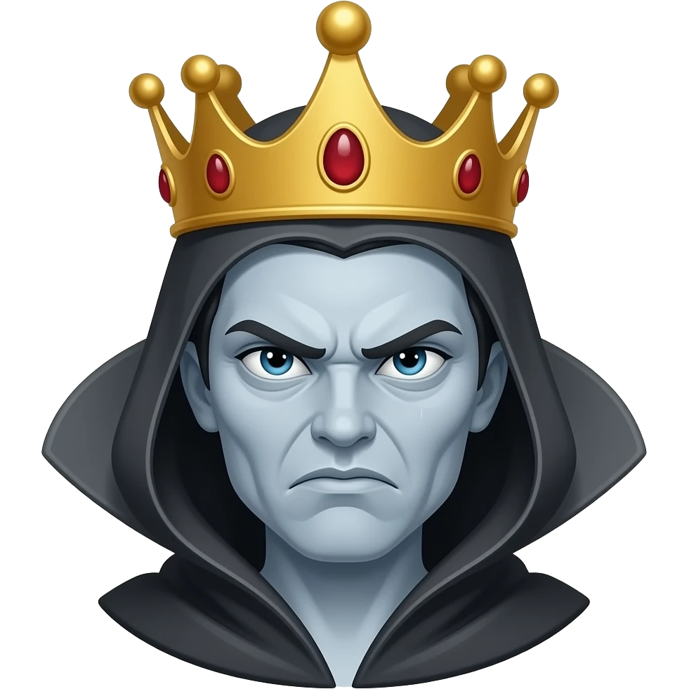 Make it look like an evil angry queen, she gotta look ugly, she gotta look like the evil queen from Disney without a crown, make it only a head and 2D and the skin gotta be gray, she gotta have a cowl emoji