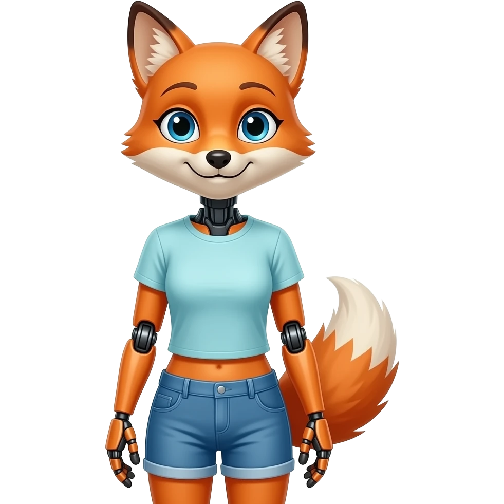 A humanoid robot female fox wearing a tee shirt and shorts emoji