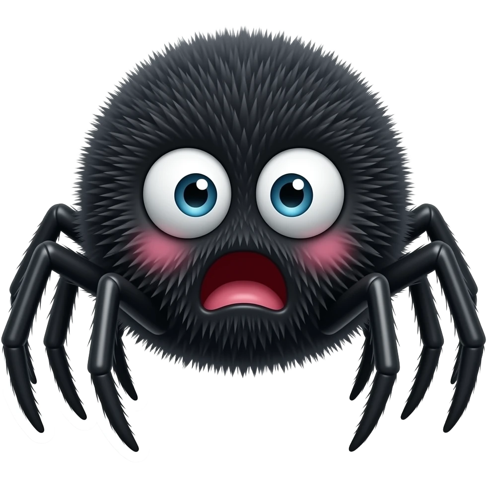 “3D fluffy black spider character, dramatically shocked human face ...