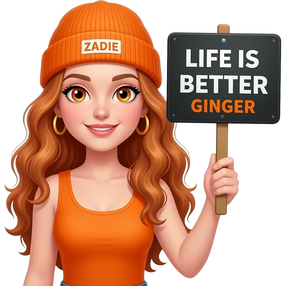 sexy girl with overlong wavy ginger hair and ginger eyes wearing a orange tanktop and a orange beanie with ZADIE written on it, is holding a black sign with LIFE IS BETTER with a GINGER written on it emoji