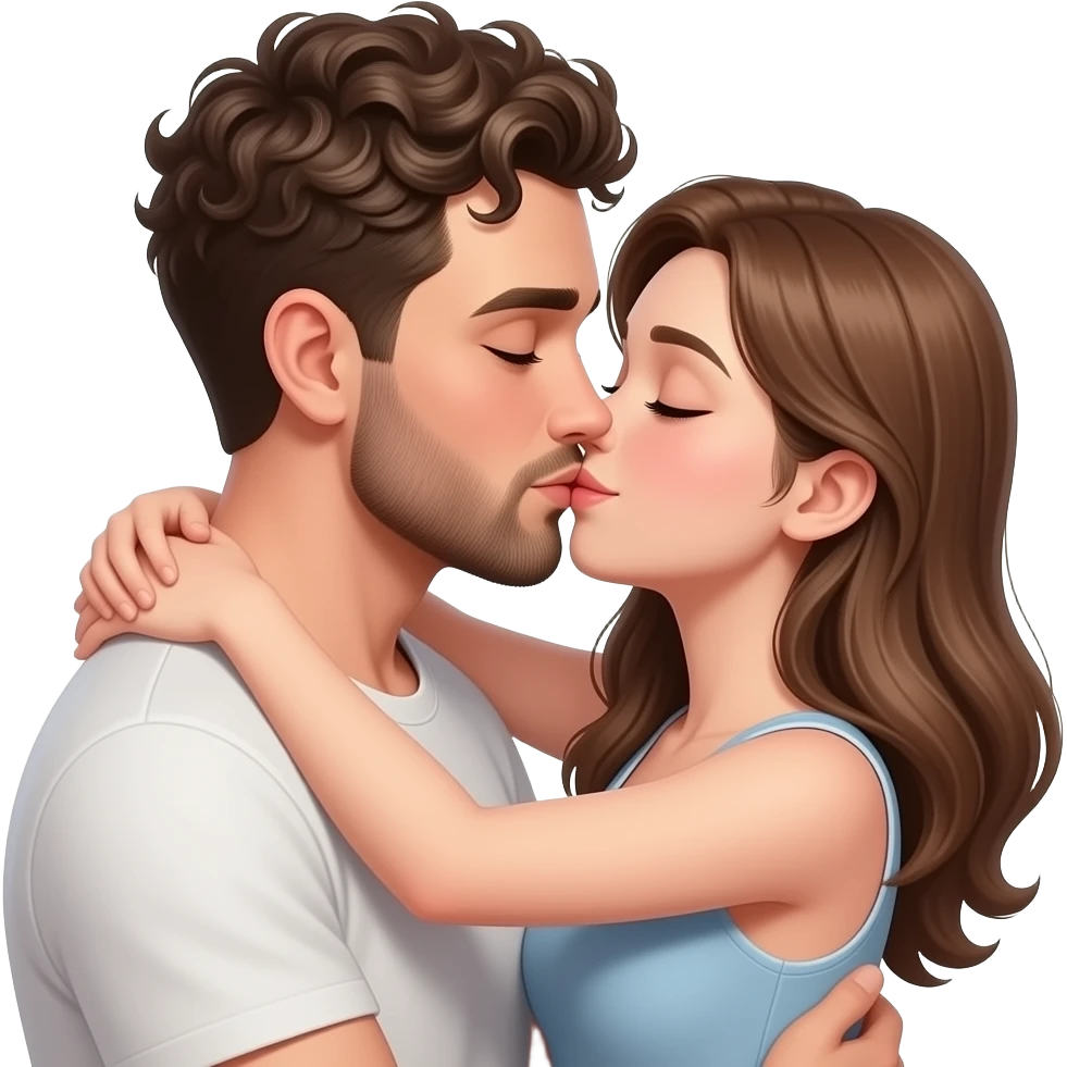 Realistic white man super short curly brown hair with beard kissing passionately and hugging realistic white girl brown hair HD emoji