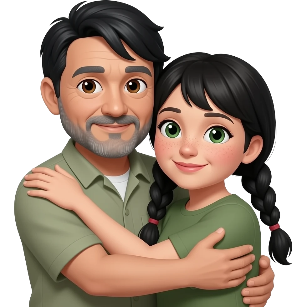 Black haired middle aged guy with floppy straight hair bangs to one side, brown eyes, olive skin, and gray beard tightly hugging a black hair middle age woman with long pigtails, rosy cheeks, nose freckles, and  green eyes emoji