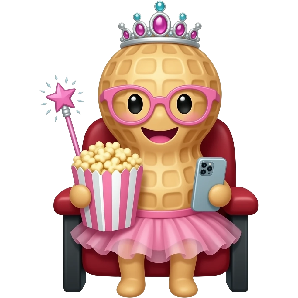 A peanut with a smiling chibi face and pink lips, wearing pink glasses,a princess tiara, a tutu, and a sparkling wand- sitting in the opera box of a theatre holding popcorn and a cell phone emoji