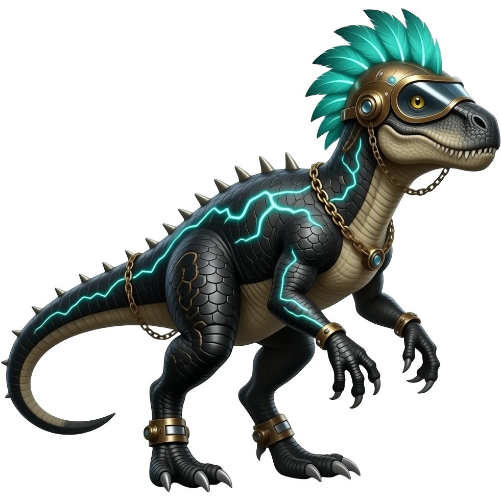 Cool edgy fiery cybernetic electrical visor-helmeted, Circuitry-patterned black-scaled digitigrade futuristic raptorik fantasy-Cyberpunk-Steampunk-Solarpunk-Genesect-Salamence-Cyclizar-Salazzle-Feraligatr-Fakémon-animal-hybrid, with neon feather-mane, and a tail blade, back spikes emoji