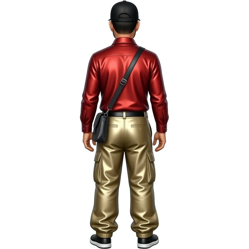 Chino Moreno from behind with red metallic shirt, khaki metallic baggy pants emoji