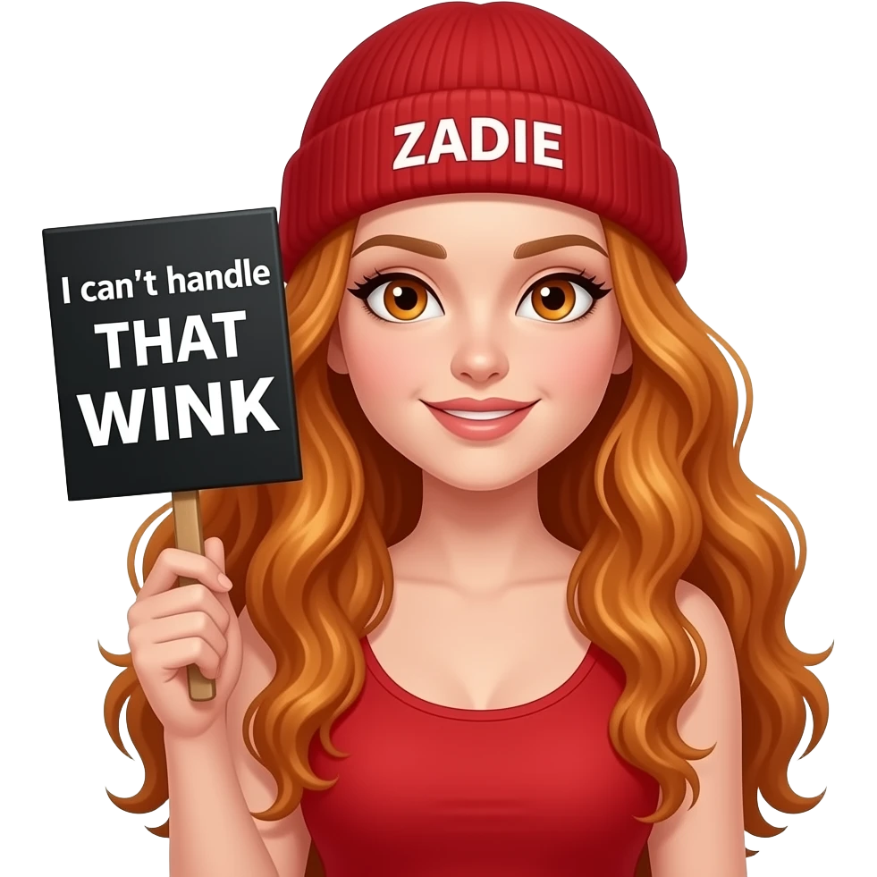 sexy girl with overlong wavy ginger hair and ginger eyes wearing a red tanktop and a red beanie with ZADIE written on it, is holding a black sign with I can't handle THAT WINK written on it emoji