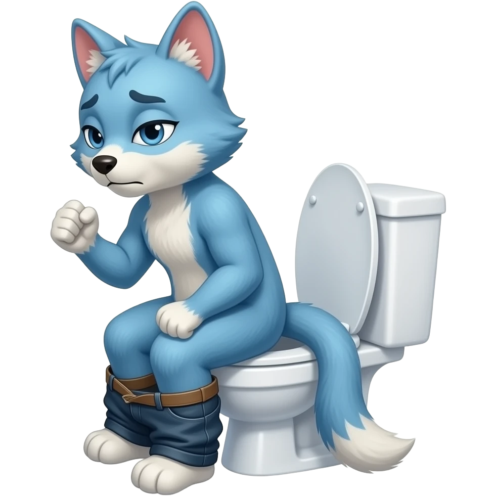 Blue female furry sitting on toilet, pants down, side view , both fists , uncomfortable, emoji