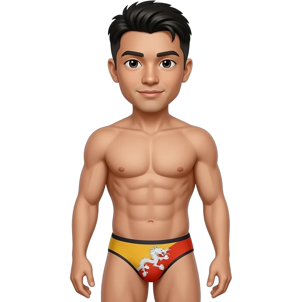 upper body (thighs-up) young male with bhutanese small head, face, hair, and body standing with muscular build in thin, narrow thong with bhutan flag theme emoji