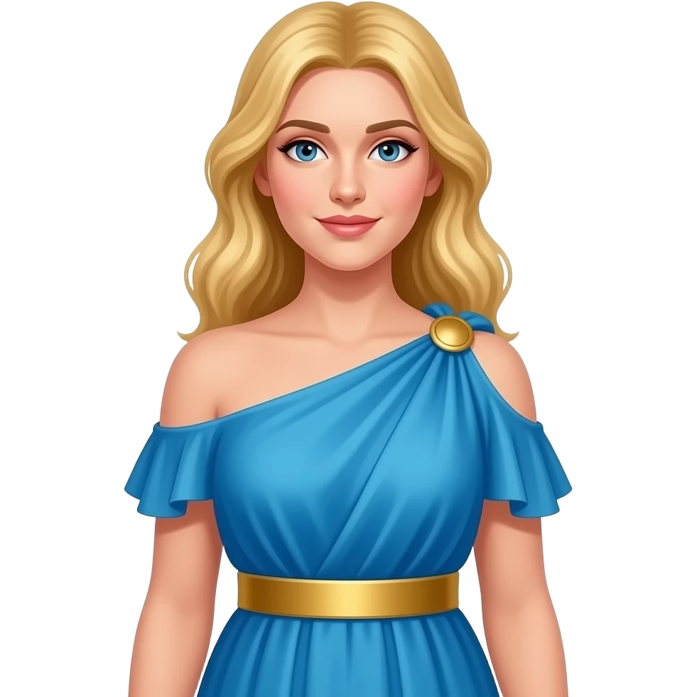 White female greek godess with blonde hair, wearing an ocean blue dress that covers both shoulders and tie the dress at the waist with a golden wide belt emoji