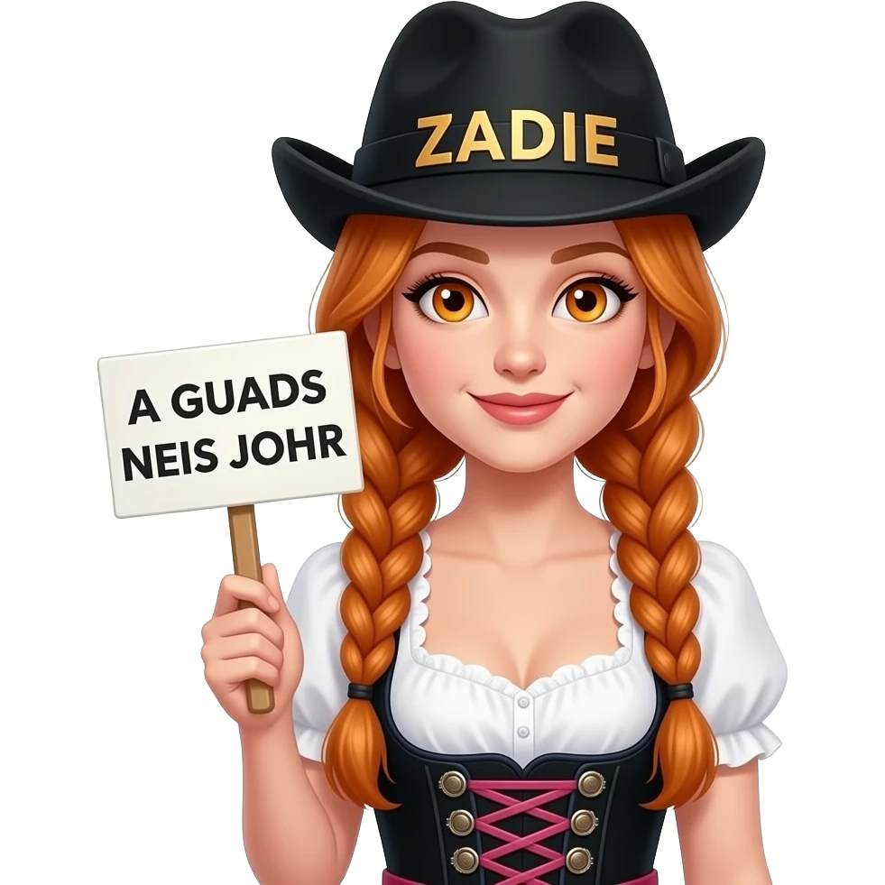 sexy girl with overlong ginger braids and ginger eyes wearing a dirndl and a black bavarian hat with ZADIE written on it, is holding a sign with A GUADS NEIS JOHR written on it emoji