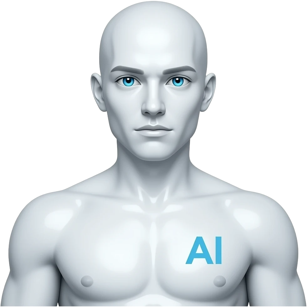 sexy männlicher Science-Fiction AI mit weißer und glänzender Haut mit Brustwarzen, das Gesicht ist auch weiß, glänzend und plastikartig. er hat keine Augenbrauen und keine Haare. Ein AI Logo als Schrift leichten blau auf seiner rechten Brust und seine Augen leuchten  auch blau emoji