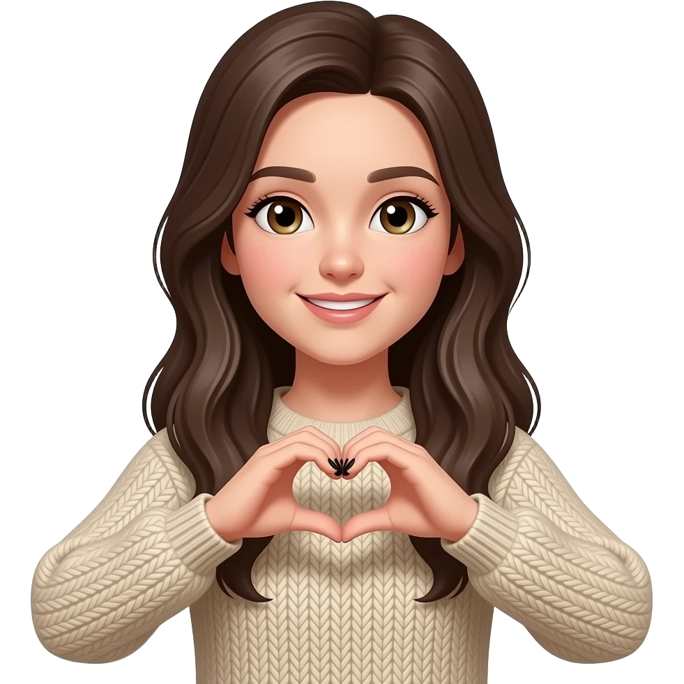 girl making heart with hands, beige sweater, black nails, cute emoji style emoji