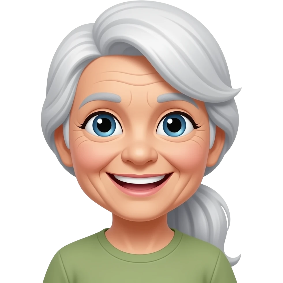 "An old lady with her long white hair gathered into a ponytail is beaming with a bright smile. emoji
