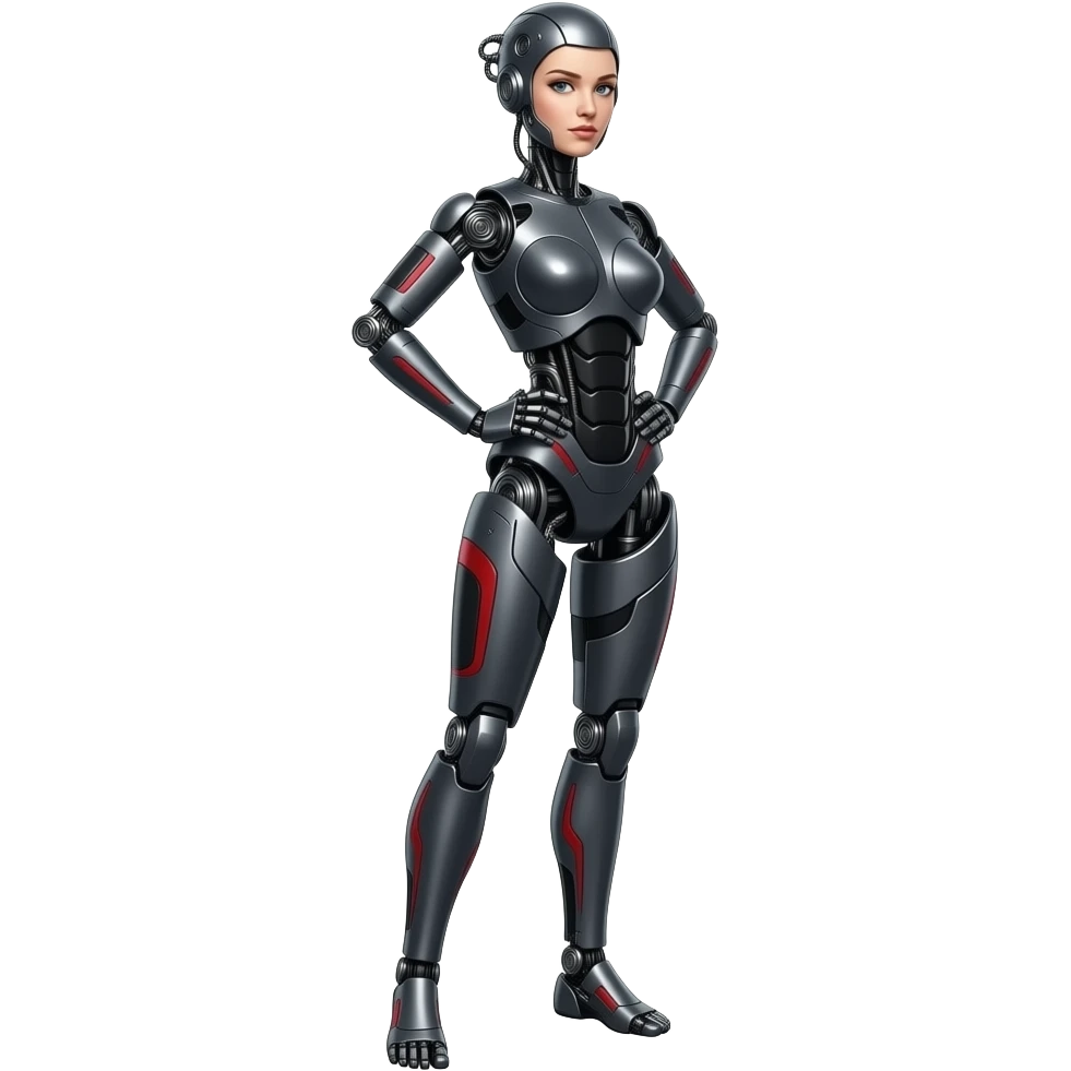 A female robot made of dark gray steel with black and red markings, full body, sexy pose, robot head, no human features emoji