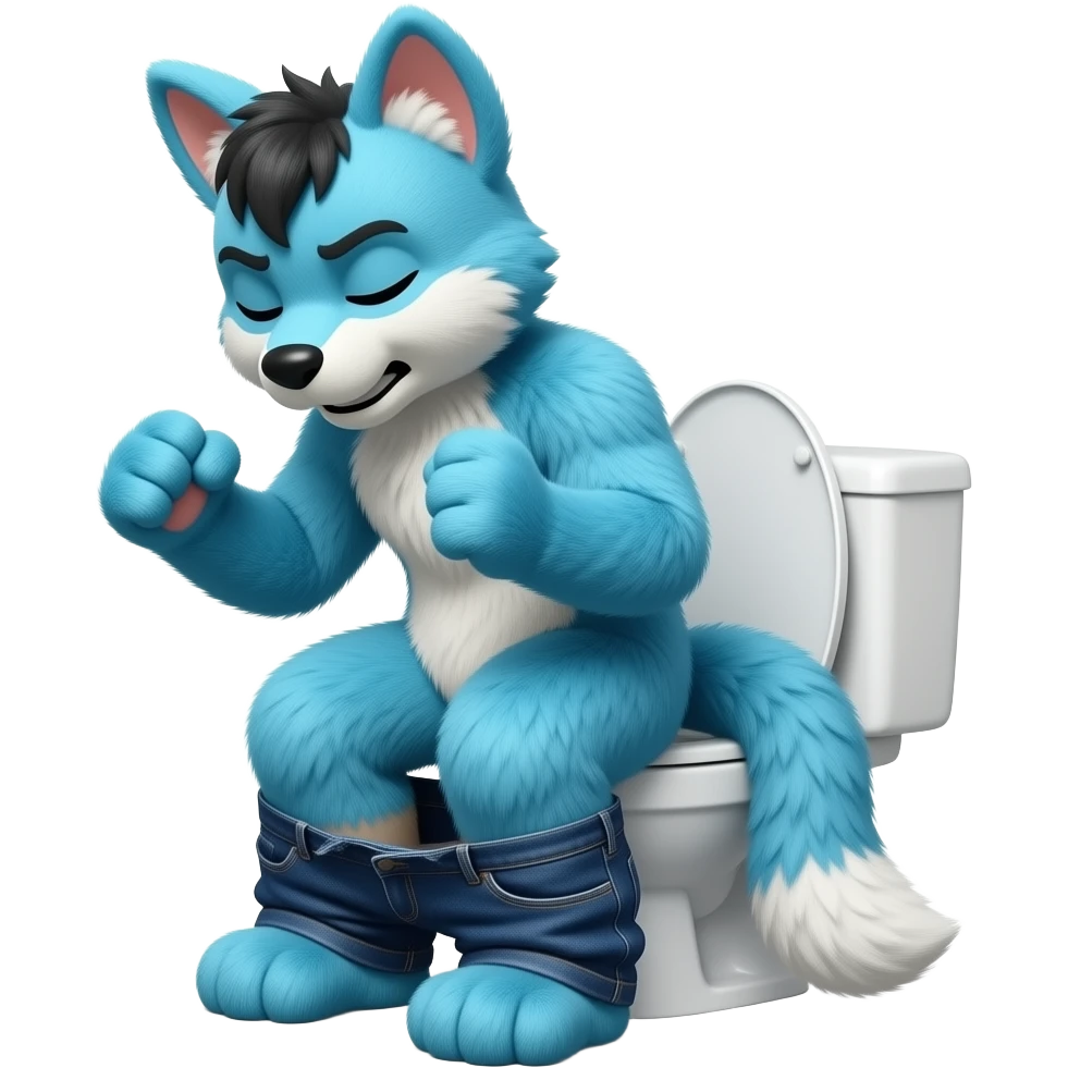 blue furry fursuit sitting on toilet, side view, pants down, straining face, eyes closed, pushing, squeezing, both fists emoji