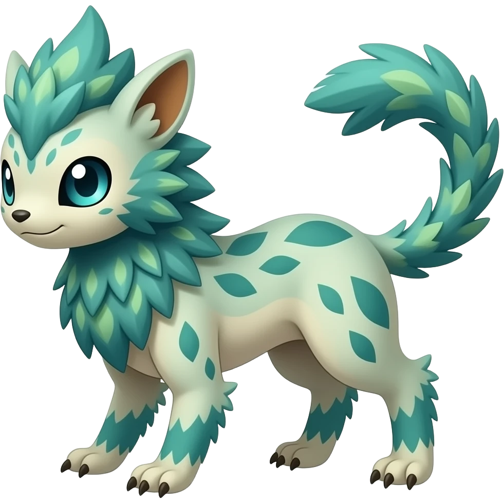 Feathery speckled flecked Japanese oriental asian painted Greenish beautiful handsome gorgeous aesthetic colorful vibrant Vernid-Trico-species-Fakemon-creature by LiLaiRa, 4 legs, 1 tail, random markings, (full body) emoji