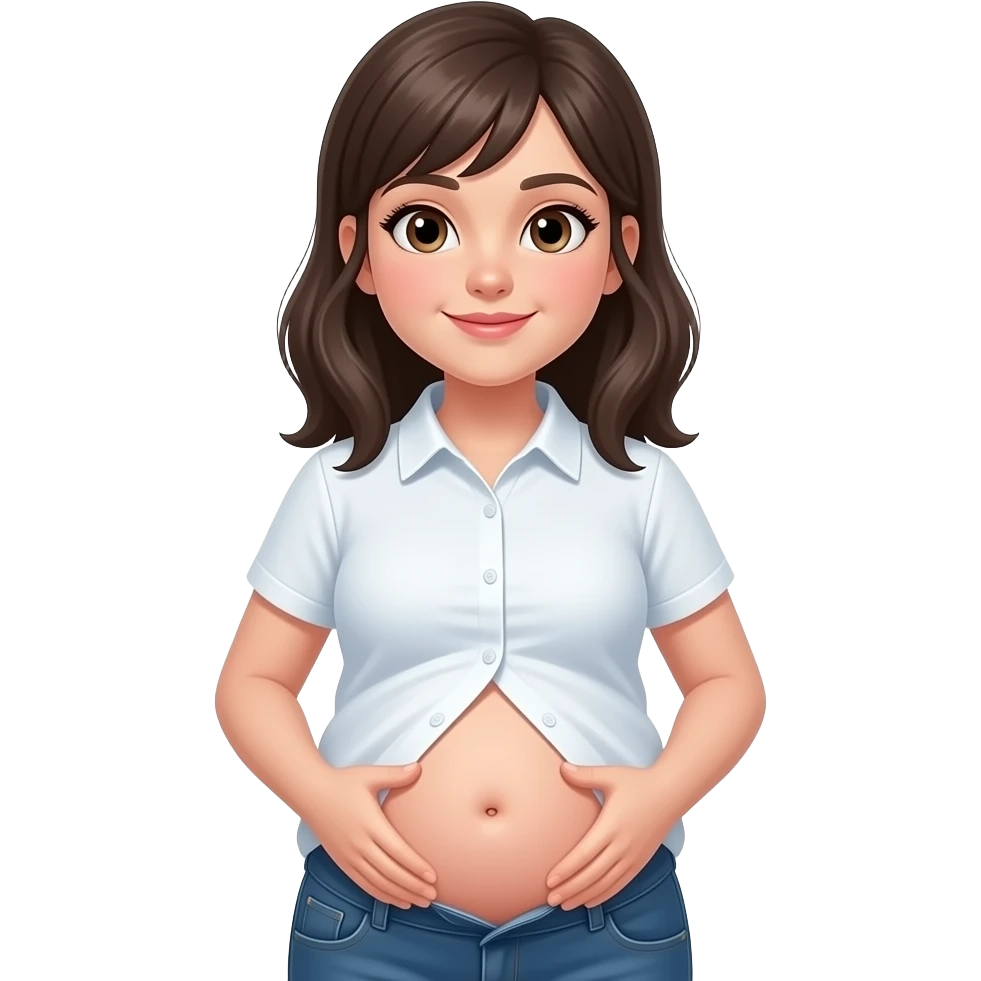 Showing a girl’s big full stomach with a bellybutton going peekaboo and her shrunk shirt losing the battle of the bulge as the poor failing clothes button pop off. emoji