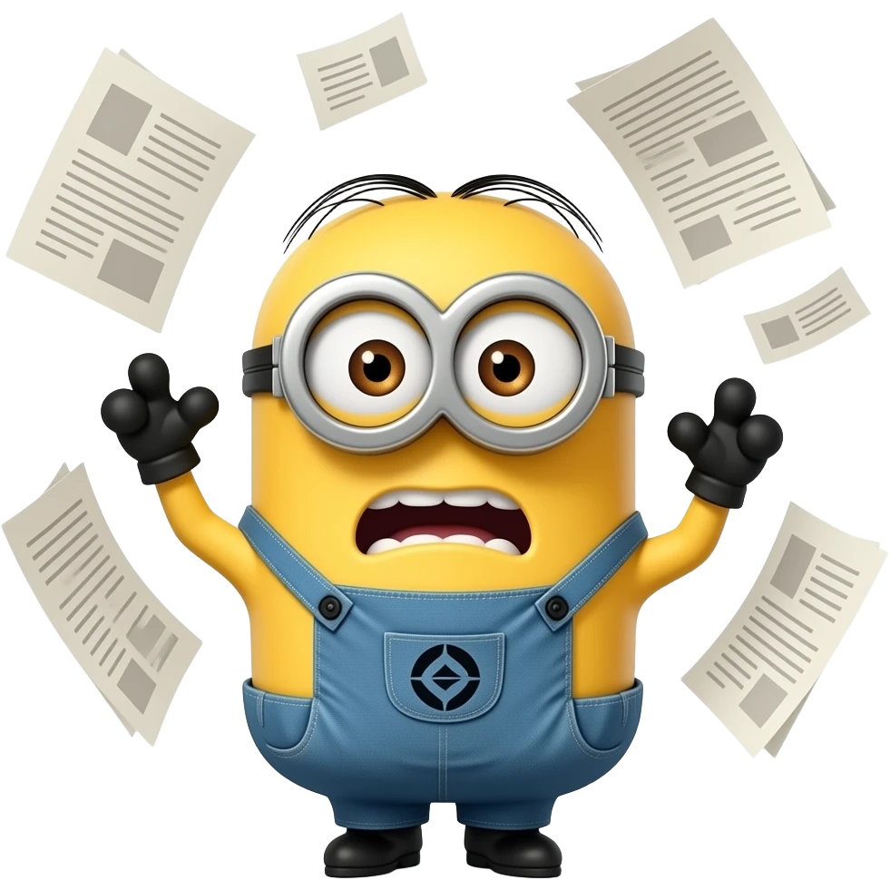 minion documents flying around and frantic emoji