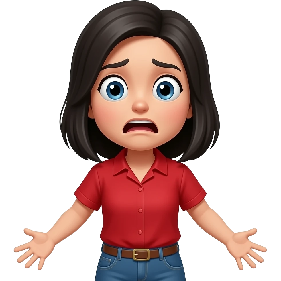 woman with black hair and a red shirt scared. Full body emoji
