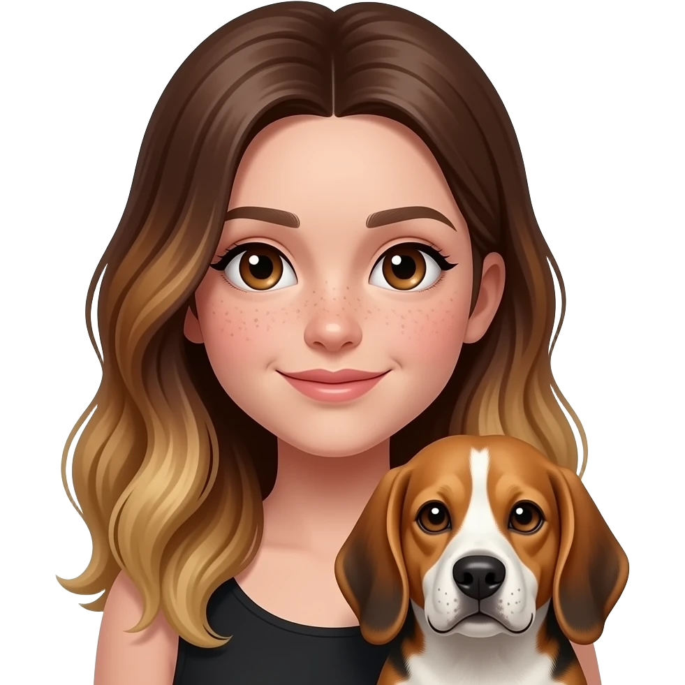 Girl with long brown balayage hair, parted on the left side with dark brown eyes and pale skin and freckles holding an old beagle emoji