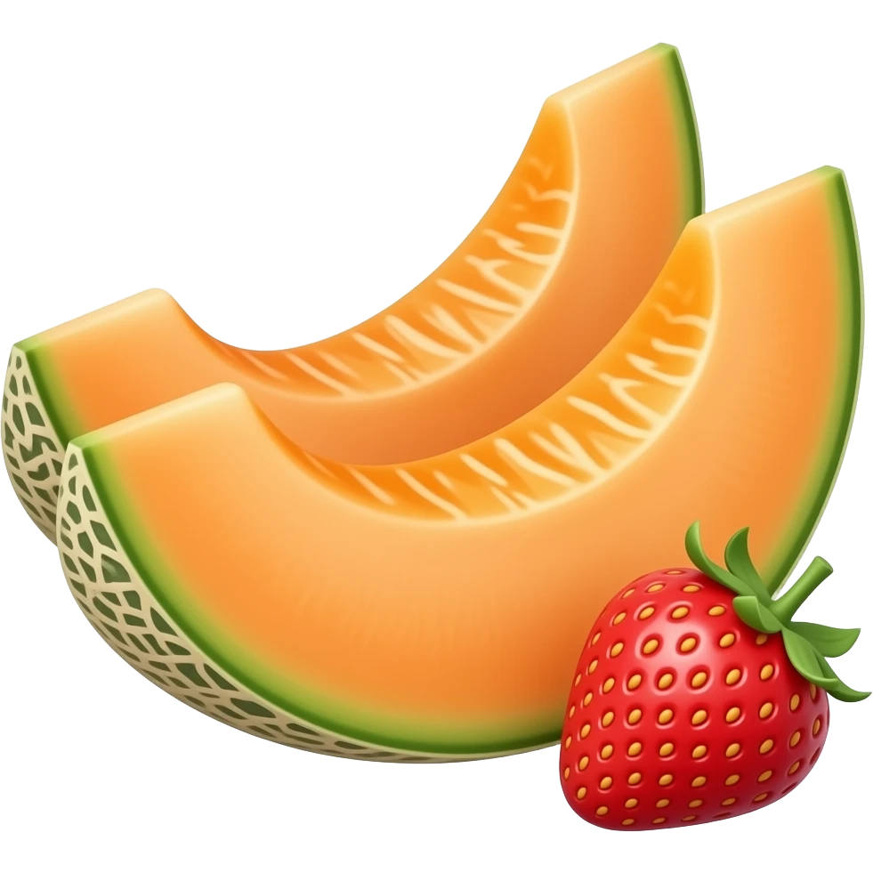 Photorealistic two orange cantaloupe melon slices with a small red ...