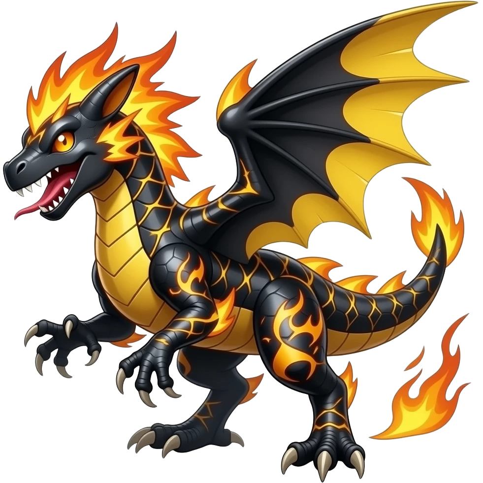 Shiny edgy cool badass fiery gold volcanic Raptorik feathery spicy Furry scaly oily black with neon-markings Salandit-Salamence-Ekans-Seviper-Rapidash-Salazzle-Fakemon-hybrid emoji