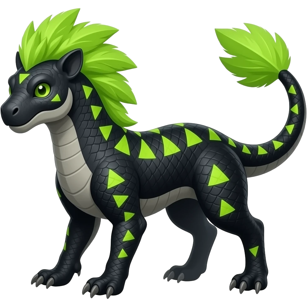 Cool edgy ancient black-scaled with neon-green triangular stripe markings digitigrade vintage futuristic raptorik fantasy-Cyberpunk-Steampunk-Solarpunk-Genesect-Salamence-Tyranitar-Vernid-Fionbri-Fakémon-animal-hybrid, with neon-green feather-mane, and a tail spade, back spikes, full body emoji