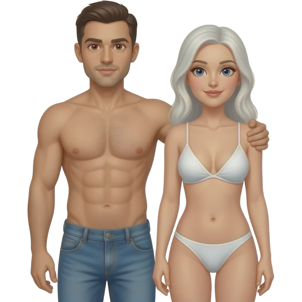 A tan man with his arm over a white woman, they should be standing and in frame, they should be both naked with the womans breasts and vagina in shot, and the mans abs and penis in shot emoji