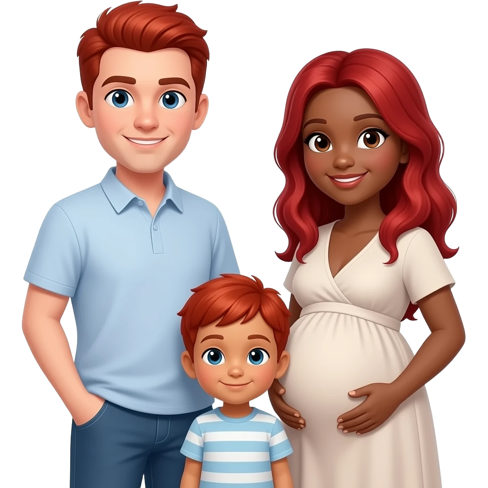 White man red hair pregnant black woman and biracial girl toddler with red hair family emoji