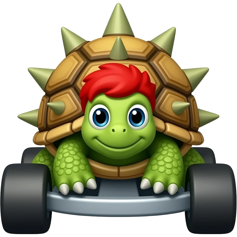 a big turtle with spikes on its shell and red hair in a kart, front view emoji