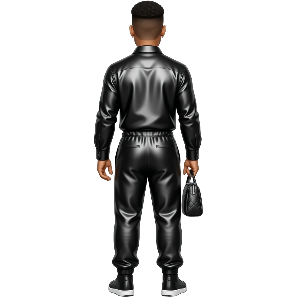 Keith Sweat from behind with black metallic dress shirt, black metallic baggy joggers, necklace emoji