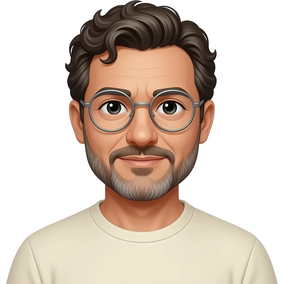 middle-aged man with olive skin, short beard, dark brown and gray curly ...