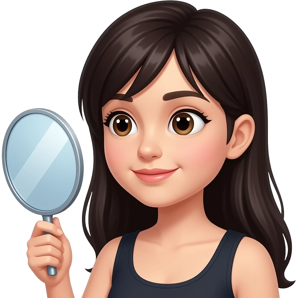 White girl wit dark hair looking in handhel mirror emoji