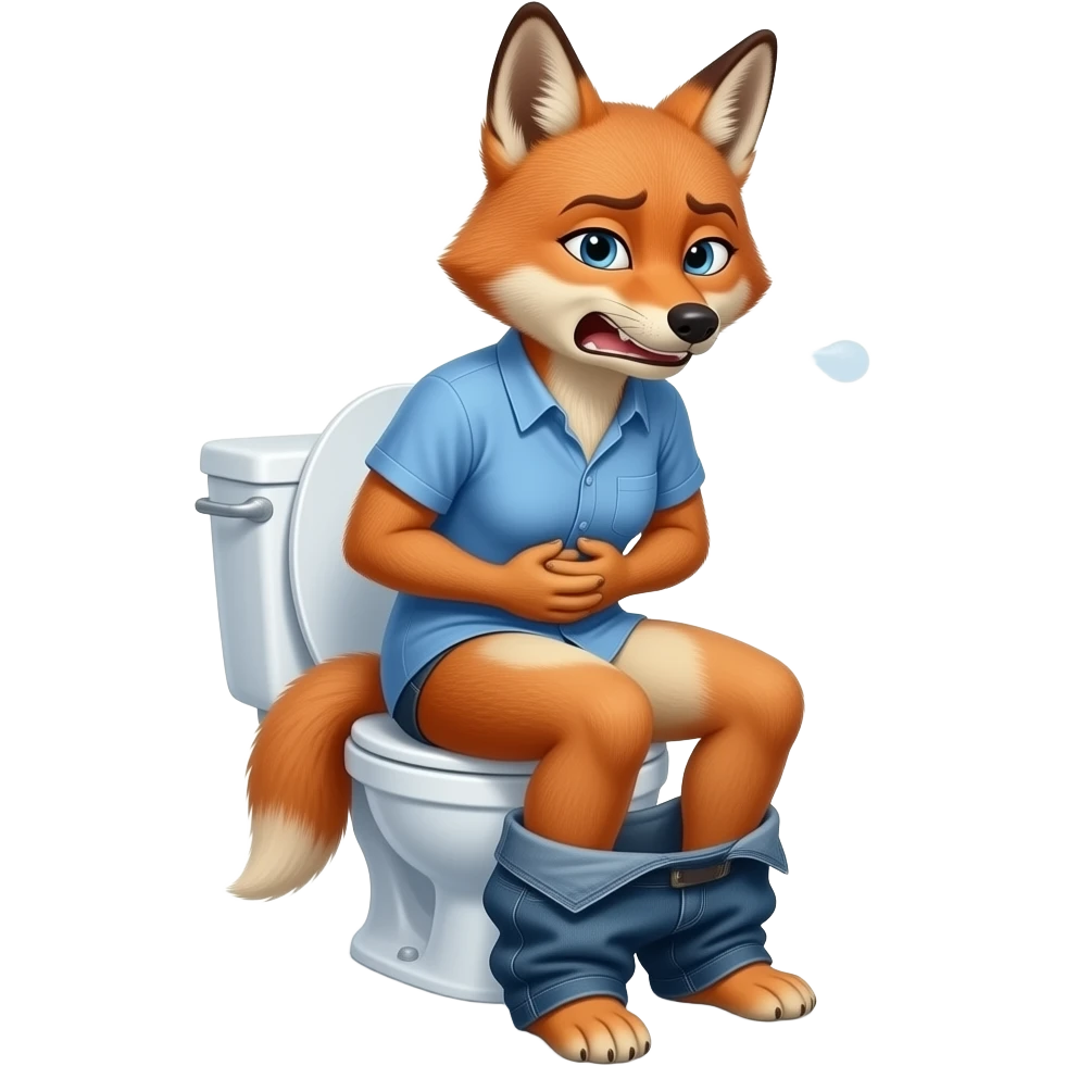Female jackel furry person woman pants down blue shirt on,sit on toilet,grunting,stomachache, fursona emoji