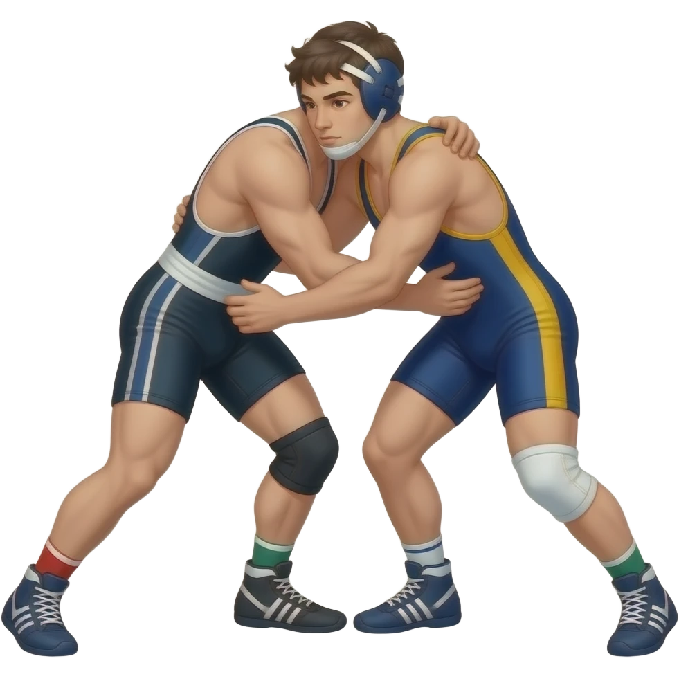 Erstelle ein Bild von zwei Uni-Wrestler, in kurzen, knappen und engen Wrestler-suits, die beiden haben unterschiedlich Farben an und sie ringen miteinander engumschlungen und liegend auf dem Boden emoji