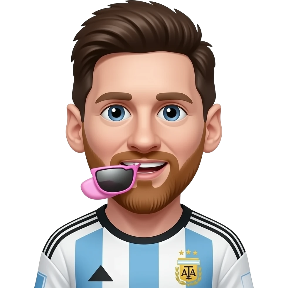 Messi emoji avatar, front-facing, Argentina jersey, cute cartoon style. One small pink sunglasses is held between his teeth, sitting inside the mouth, clearly visible and funny. emoji