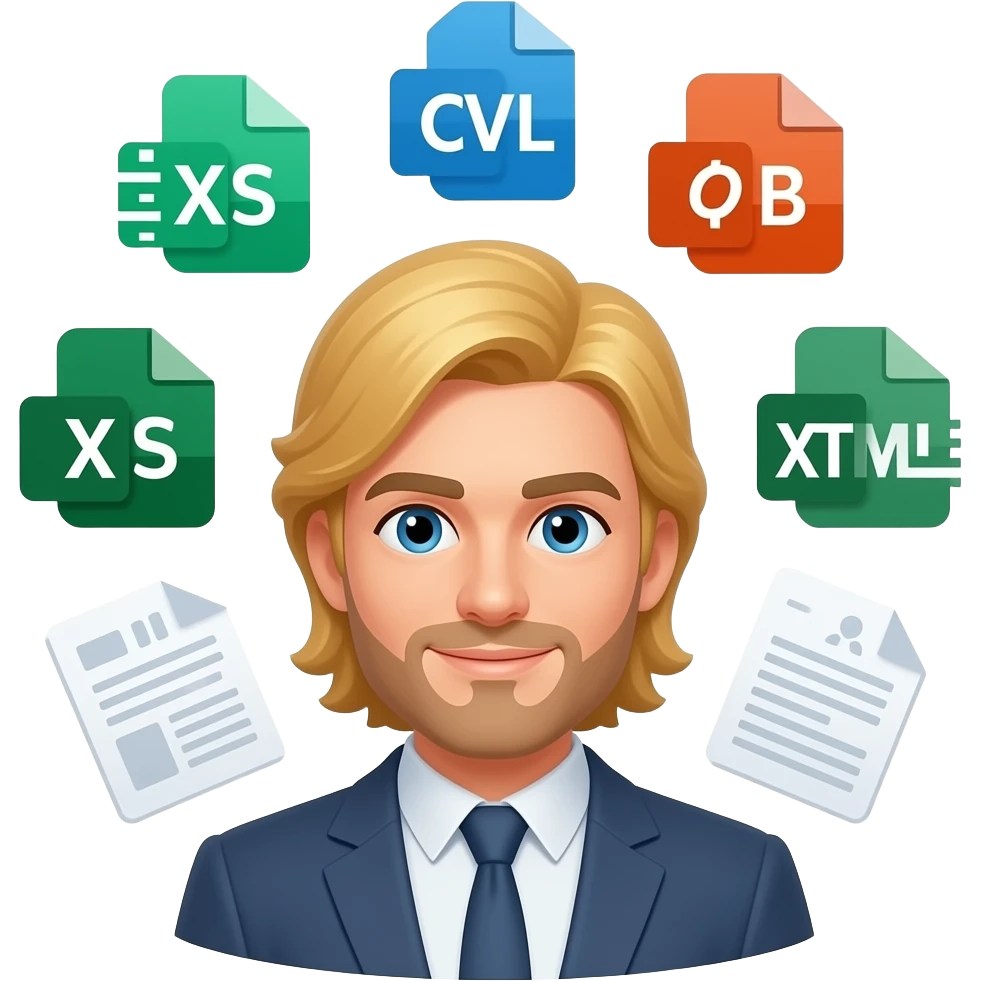 master data specialist with xls csv xml sheets and docs around his head , blond long hair emoji