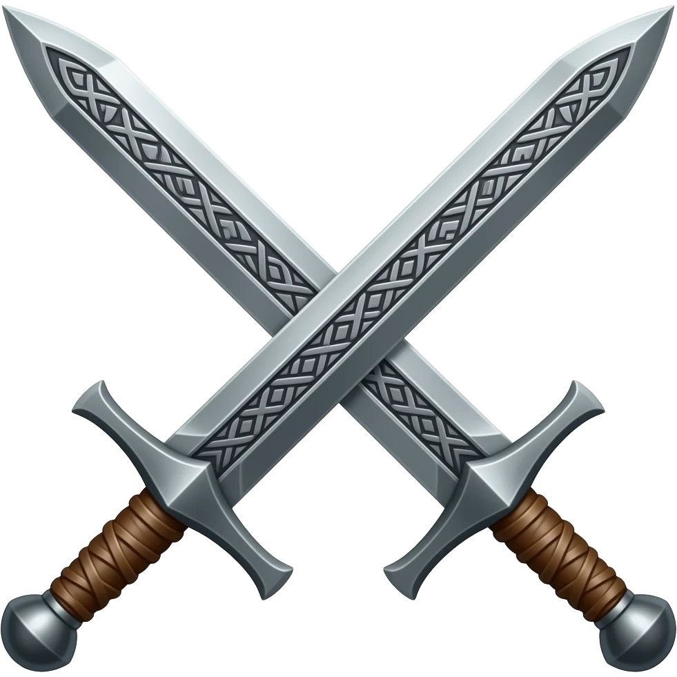 Two swords, Right sword over the left sword, in a X pattern, engraved with ornate Norse markings, wooden handles with leather straps emoji